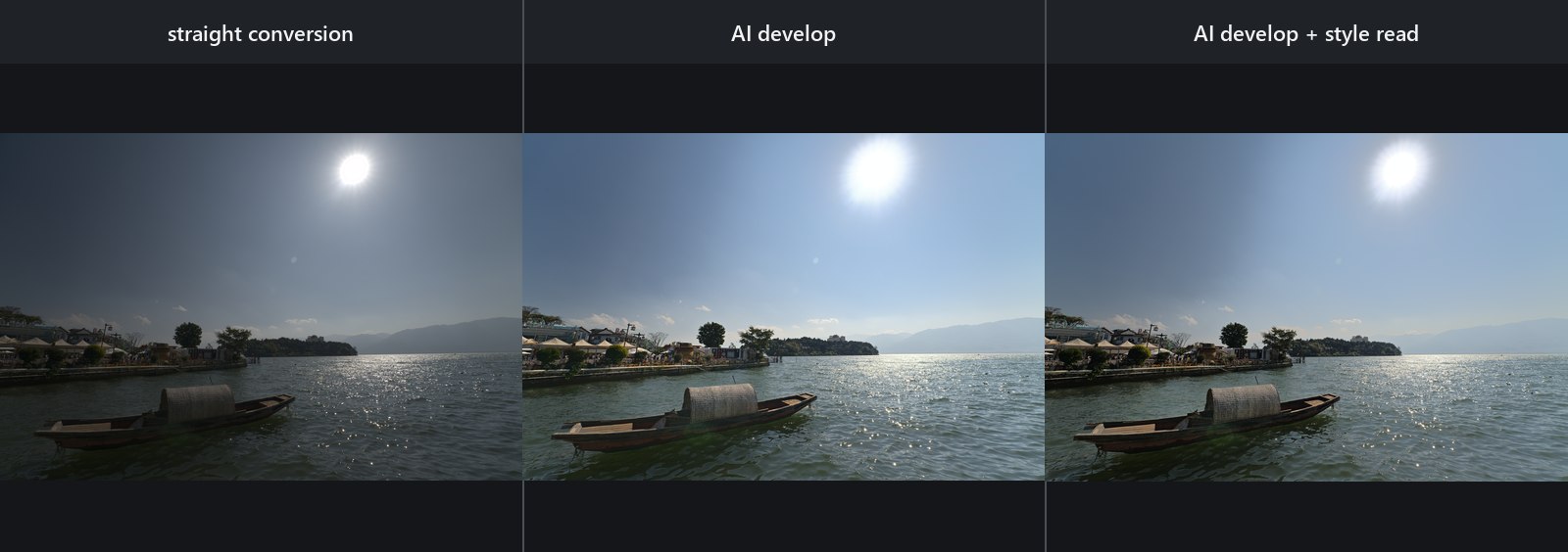 Lake scene: straight conversion, AI develop, and AI develop with style read